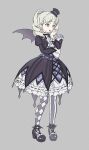  1girl aikatsu! aikatsu!_(series) argyle_clothes argyle_thighhighs asymmetrical_legwear bat_wings black_dress black_shoes blunt_bangs closed_mouth dress drill_hair floral_print frilled_dress frilled_sleeves frills full_body ginjiro_(ginjiroxx) gothic_lolita green_eyes grey_background hand_up hat highres lolita_fashion long_hair long_sleeves looking_at_viewer looking_back mini_hat mini_top_hat mismatched_legwear rose_print shoe_soles shoes simple_background solo standing striped_clothes striped_thighhighs thighhighs todo_yurika top_hat twin_drills vertical-striped_clothes vertical-striped_thighhighs wings 