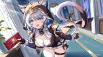  1girl :d absurdres animal_ear_fluff animal_ears bag bent_over black_gloves blue_eyes braid breasts caelus_(honkai:_star_rail) cat_ears cat_girl cat_tail chinese_commentary cipher_(honkai:_star_rail) cleavage commentary_request fang fingerless_gloves gloves grey_hair highres holding honkai:_star_rail honkai_(series) hood hood_up indoors lantian_ol leaning_forward long_hair long_sleeves looking_at_viewer medium_breasts miyoushe_watermark open_mouth plant potted_plant revision short_shorts shorts side_braid smile solo standing tail thigh_strap trailblazer_(honkai:_star_rail) watermark 