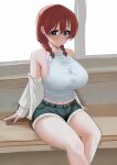  1girl aqua_eyes arm_support black_shorts blush braid breasts brown_hair closed_mouth emma_verde freckles hair_between_eyes hair_over_shoulder highres jacket large_breasts looking_at_viewer love_live! love_live!_nijigasaki_high_school_idol_club midriff_peek navel pisagi shirt shorts sidelocks sitting sleeveless sleeveless_shirt smile solo split_mouth thighs twin_braids white_jacket white_shirt 