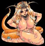  big_breasts breasts crown female hands_on_hips humanoid jewelry lamia looking_at_viewer low_res navel necklace red_eyes reptile scalie serpentine snake unknown_artist 