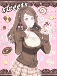  1girl blush border braid brown_eyes brown_hair cake cardigan cellphone checkerboard_cookie commentary cookie decoden donut food hair_ribbon heart highres index_finger_raised jewelry lace lace_border long_hair long_sleeves looking_at_viewer macaron moku_(moku_0_0) necklace original ornate_border pearl_necklace phone plaid_clothes plaid_skirt pleated_skirt pretzel ribbon ribbon_braid side_braid skirt sleeves_past_wrists smartphone smartphone_case solo sparkle spoken_heart striped_background swiss_roll symbol-only_commentary tongue tongue_out 