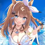  1girl :d almond_eye_(umamusume) bikini blue_bikini blue_eyes blue_hair blue_innertube blue_sky blush breasts brown_hair cleavage cloud colored_inner_hair commentary curled_fingers day frilled_bikini frills hairband halterneck heart heart_in_eye highres holding holding_swim_ring juri-arima large_breasts long_hair looking_at_viewer multicolored_hair offering_hand open_mouth outstretched_arm purple_hair sky smile solo star-shaped_pupils star_(symbol) swim_ring swimsuit symbol-shaped_pupils symbol_in_eye transparent_innertube umamusume unfinished upper_body white_hairband 