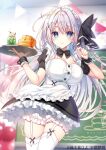  1girl ahoge apron artist_name black_bow black_bowtie black_dress black_wrist_cuffs bloomers blue_eyes blurry blurry_background blush bow bowtie braid breasts buttons center_frills chalkboard classroom cleavage closed_mouth clothes_lift commentary_request cowboy_shot dress dress_lift drink eyes_visible_through_hair floating_hair food frilled_apron frilled_dress frilled_wrist_cuffs frills garter_straps grey_hair hair_between_eyes hair_bow hair_intakes hair_ornament hands_up highres holding holding_tray indoors large_breasts long_hair looking_at_viewer maid maid_apron maid_headdress original otonashi_jun pancake pancake_stack puffy_short_sleeves puffy_sleeves short_sleeves side_braid single_braid skindentation smile solo straight_hair thighhighs tray very_long_hair white_apron white_bloomers white_thighhighs wrist_cuffs x_hair_ornament yuzuna_hiyo 