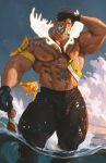  1boy abs antlers armband bara black_gloves black_pants bulge commentary eikthyrnir_(fire_emblem) eikthyrnir_(summer)_(fire_emblem) fire_emblem fire_emblem_heroes gloves hand_on_own_head highres holding holding_removed_eyewear hoonzino horns looking_down male_focus mask mouth_mask muscular muscular_male navel nipples ocean pants pectorals sunglasses topless_male unworn_eyewear wading waves yellow_armband 