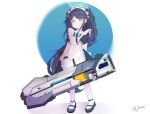  1girl apron aris_(blue_archive) aris_(maid)_(blue_archive) black_hair black_shoes blue_archive blue_eyes blue_ribbon closed_mouth commentary_request full_body highres holding holding_weapon jestor_(277661503) looking_at_viewer maid_apron maid_headdress pantyhose ponytail railgun ribbon shoes short_sleeves signature smile solo standing weapon white_background white_pantyhose 