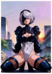  1girl 2b_(nier:automata) absurdres android black_boots boots breasts cleavage_cutout clothing_cutout covered_eyes covered_navel crotch feather-trimmed_sleeves feather_trim full_body gloves gravydood headband highleg highleg_leotard highres leotard medium_breasts mole mole_under_mouth multicolored_leotard nier:automata nier_(series) pelvis presenting short_hair solo squatting squatting_cowgirl_position thick_thighs thigh_boots thighhighs thighs two-tone_leotard white_gloves white_hair 