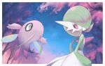  alternate_color bob_cut celebi cherry_blossoms colored_skin dmt_(auburn) dress gardevoir green_eyes green_hair green_skin hair_over_one_eye multicolored_skin pink_eyes pink_skin pokemon pokemon_(creature) shiny_pokemon tree two-tone_skin white_dress white_skin 