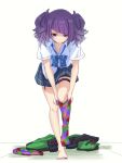  1girl boots breasts choker collared_shirt diagonal_bangs ear_piercing expressionless green_jacket highres idolmaster idolmaster_shiny_colors ito_(itokayu) jacket leaning_forward loose_neck_ribbon medium_breasts miniskirt multicolored_thighhighs neck_ribbon piercing plaid_clothes plaid_skirt purple_eyes purple_hair purple_nails removing_sock ribbon school_uniform shirt short_sleeves single_thighhigh skirt solo studded_choker tanaka_mamimi thigh_strap thighhighs twintails unworn_boots unworn_jacket white_background 