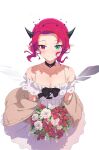  1girl absurdres armpit_crease bare_shoulders bouquet breasts brown_cardigan cardigan choker cleavage commission demon_horns detached_wings double_halo dress feca forehead green_eyes halo heterochromia highres holding holding_bouquet hololive hololive_english horns irys_(casualrys)_(hololive) irys_(hololive) jewelry lace lace_choker looking_at_viewer necklace off_shoulder open_cardigan open_clothes pink_hair pointy_ears red_eyes second-party_source short_hair simple_background sleeveless sleeveless_dress smile solo virtual_youtuber white_background white_dress wings 