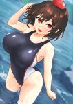  1girl black_one-piece_swimsuit breasts brown_eyes competition_swimsuit dutch_angle from_above hat highres hinben large_breasts looking_at_viewer multicolored_swimsuit one-piece_swimsuit red_hair red_hat shameimaru_aya smile solo standing swimsuit tokin_hat touhou wading water 