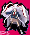  1girl alternate_hair_color animal_ears black_socks blazer character_name collared_shirt crescent crescent_pin glowing glowing_eyes jacket kieyza large_ears long_hair looking_at_viewer necktie rabbit_ears rabbit_girl red_background red_eyes red_necktie reisen_udongein_inaba shirt shoes sneakers socks solo touhou very_long_hair white_hair white_shirt white_shoes 