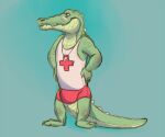 anthro blue_background bottomwear bulge chumbasket clothed clothing crocodile crocodilian glistening glistening_eyes green_body green_scales green_tail male male_anthro mouth_closed red_bottomwear red_clothing reptile scales scalie simple_background solo standing tail topwear white_clothing white_topwear