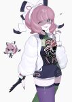  1girl absurdres alternate_eye_color blue_eyes bow bracelet breasts chibi chibi_inset drill_hair dynamax_band eyeshadow flipped_hair fur_jacket hair_bow hairband heart highres jacket jewelry klara_(pokemon) makeup medium_breasts mole mole_under_mouth one_eye_closed pink_eyeshadow pink_hair pink_lips pokemon pokemon_swsh print_shirt print_shorts ring shaded_face shirt short_hair shorts side_slit side_slit_shorts smile solo twin_drills two-tone_shirt two-tone_shorts two-tone_thighhighs white_bow white_hairband yon_(motomu22) 