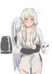  2girls ak-12_(girls_frontline) an-94_(girls_frontline) artist_request blonde_hair blush breasts cleavage closed_eyes coffee_mug cup girls_frontline hug hug_from_behind long_hair mug multiple_girls no_pants shirt silver_hair yuri 