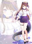  1girl ;) airi_kanna bare_shoulders black_choker black_shoes blue_eyes blue_hair blush brown_hair choker closed_mouth colored_inner_hair commentary_request dragon_girl dragon_horns dragon_tail full_body heart horns korean_commentary long_hair looking_at_viewer multicolored_hair off-shoulder_shirt off_shoulder one_eye_closed purple_skirt scales_(airi_kanna) shirt shoes short_sleeves shoulder_tattoo simple_background skirt smile solo sparkle standing stellive streaked_hair subin_(subin_2011) tail tattoo thigh_strap virtual_youtuber white_background white_shirt zoom_layer 