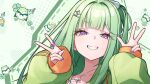  1girl chico_(yuzuha_riko) collarbone green_hair green_jacket grin hair_ornament hairclip hands_up highres jacket jewelry long_hair long_sleeves looking_at_viewer multicolored_hair nail_polish necklace one_side_up open_clothes open_jacket pistacho0101 pom_pom_(clothes) pom_pom_hair_ornament puffy_long_sleeves puffy_sleeves purple_eyes smile solo spaghetti_strap stellive streaked_hair upper_body v v-shaped_eyebrows virtual_youtuber w yuzuha_riko 