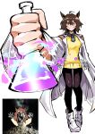  2girls absurdres agnes_tachyon_(umamusume) ahoge ai-generated_art_(topic) animal_ears ash_baby_(meme) black_necktie black_pantyhose black_shirt boots brown_hair chemical_structure closed_mouth coat collared_shirt earrings erlenmeyer_flask flask fur-trimmed_vest fur_trim hair_between_eyes hand_up heartbreak_juan high_heels highres holding holding_flask horse_ears horse_girl horse_tail incoming_drink jewelry jungle_pocket_(umamusume) lab_coat medium_hair meme multiple_girls necktie open_clothes open_coat pantyhose red_eyes shirt short_necktie simple_background single_earring smile solo_focus standing sweater tail test_tube umamusume vest white_background white_boots white_coat yellow_sweater 