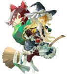  1girl absurdres bag black_dress blonde_hair boots bow broom broom_riding brown_boots dress fingerless_gloves frilled_dress frills full_body fumo_(doll) gloves hair_between_eyes hakurei_reimu hat hat_bow highres kirisame_marisa long_hair maka_(maka04021) one_eye_closed open_mouth pantyhose short_sleeves shoulder_bag smile solo touhou white_background white_pantyhose witch witch_hat yellow_eyes 