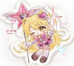  +_+ 1girl ;q armband blonde_hair bow bowtie brown_shoes chibi chibi_only commentary_request don_quixote_(project_moon) e.g.o_(project_moon) full_body hair_ornament heart heart_hair_ornament highres holding holding_staff in_the_name_of_love_and_hate_(e.g.o) limbus_company long_hair long_sleeves looking_at_viewer mage_staff mok_018 one_eye_closed orange_armband pink_bow pink_bowtie pink_garter_straps project_moon shoes simple_background smile solo staff thighhighs tongue tongue_out two_side_up v v_over_head white_thighhighs yellow_eyes 