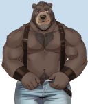  2017 adios anthro beard black_nose blue_eyes body_hair bottomwear brown_body brown_fur brown_hair chest_hair clothed clothing eyebrows facial_hair fur hair happy_trail hi_res jeans looking_at_viewer male mammal mature_male muscular muscular_male nipples pants pink_nipples simple_background solo suspenders thick_eyebrows topless undressing ursid 