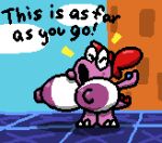 animated anthro areola big_breasts birdo bouncing_breasts bow_ribbon breasts dinosaur english_text exclamation_point eyes_closed female huge_breasts loop mario_bros mattthetooncat multicolored_body nintendo nipples nude prehistoric_species purple_areola purple_nipples reptile scalie short_playtime solo text two_tone_body