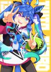  1girl @_@ ahoge animal_ears aqua_hair blue_eyes blue_hair bodysuit bodysuit_under_clothes bow character_name cowboy_shot crossed_bangs double_v drawstring heterochromia highres hood hoodie horse_ears horse_girl horse_tail legs_apart long_hair long_sleeves multicolored_hair multicolored_hoodie open_mouth purple_eyes sharp_teeth sidelocks solo standing striped_bow stuffed_animal stuffed_rabbit stuffed_toy tail takesyun teeth text_background twin_turbo_(umamusume) two-tone_hair umamusume v yellow_background 