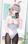  1girl absurdres alternate_costume animal_ears bare_shoulders black_hairband black_pantyhose bow breasts cellphone cleavage covered_navel detached_collar embarrassed fake_animal_ears firefly_(honkai:_star_rail) green_bow grey_hair hair_between_eyes hair_intakes hair_ornament hairband highres holding holding_phone honkai:_star_rail honkai_(series) large_breasts leotard long_hair melvis open_mouth pantyhose phone pink_eyes playboy_bunny smartphone solo strapless strapless_leotard white_leotard wrist_cuffs 