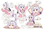  1girl anime_coloring black_bow blue_eyes blunt_bangs blush bow capelet dragon_girl dress electric_plug electric_plug_tail frilled_dress frilled_thighhighs frills fur-trimmed_collar fur_trim hairband highres horns kagero_(plusup) kanna_kamui kobayashi-san_chi_no_maidragon long_hair low_twintails multiple_views outstretched_arms powering_up puffy_sleeves purple_hair shaking sidelocks sleeves_past_wrists speech_bubble sphere_hair_ornament tail thighhighs twintails two-tone_dress white_background white_thighhighs 