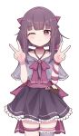  1girl absurdres arm_ribbon bow closed_mouth collarbone double_v fallenshadow frilled_skirt frills hair_bow highres indie_virtual_youtuber one_eye_closed pink_eyes purple_bow purple_hair purple_ribbon ribbon shok_(shovelkun) sidelocks single_thighhigh skirt solo thigh_strap thighhighs v virtual_youtuber white_background 