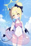  +_+ 1girl :q black_horns black_tail black_wings blonde_hair blue_archive blue_sky blush casual_one-piece_swimsuit closed_mouth commentary demon_girl demon_horns demon_tail demon_wings flat_chest food frilled_one-piece_swimsuit frills hair_bun halo halterneck highres holding holding_food holding_popsicle horns ibuki_(anniversary_swimsuit)_(blue_archive) ibuki_(blue_archive) innertube kkurovo looking_at_viewer ocean one-piece_swimsuit pink_innertube pink_one-piece_swimsuit pointy_ears polka_dot polka_dot_one-piece_swimsuit polka_dot_swimsuit popsicle short_hair single_side_bun sky solo swim_ring swimsuit tail tongue tongue_out wading wings yellow_eyes yellow_halo 