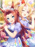  2girls absurdres ahoge bad_link blonde_hair blue_eyes blurry blurry_background breasts brown_hair forehead fusaichi_pandora_(umamusume) hair_between_eyes hair_ornament highres horse_girl kawakami_princess_(umamusume) large_breasts looking_at_viewer multiple_girls official_art one_eye_closed open_mouth red_eyes school_uniform sparkle thighhighs tracen_school_uniform umamusume 