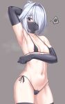  1girl areola_slip arm_behind_head arm_up armpits bikini black_bikini black_choker black_gloves black_mask black_thighhighs blue_eyes blush breasts choker collarbone covered_nipples cowboy_shot elbow_gloves female_pubic_hair gloves grey_background grey_hair hair_intakes hair_over_one_eye highres looking_at_viewer mask medium_breasts micro_bikini mouth_mask myouan navel ninja_mask original ponytail pubic_hair pubic_hair_peek shirakami_itsuki short_hair side-tie_bikini_bottom simple_background skindentation solo spoken_squiggle squiggle steaming_body stomach string_bikini sweat swimsuit thighhighs variant_set 