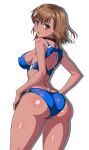  1girl ass back bare_arms bare_shoulders bikini black_choker blue_bikini blue_buruma blue_sports_bra blush breasts brown_eyes brown_hair buruma choker covered_nipples dark_skin flower from_behind frozen_gingasan hair_flower hair_ornament hands_on_own_hips highres large_breasts looking_at_viewer looking_back medium_breasts medium_hair misaka_mikoto open_mouth shiny_skin sideboob simple_background solo sports_bikini sports_bra standing swimsuit tan thighs toaru_kagaku_no_railgun toaru_majutsu_no_index track_uniform variant_set white_background 