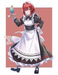  1girl a-er_(akkij0358) alternate_costume ange_katrina apron arm_strap black_bow black_bowtie black_dress black_shoes blue_eyes border bow bowtie brown_background collared_dress commentary_request crossed_bangs cup dress drinking_glass enmaided food frilled_dress frills full_body grin hair_between_eyes hair_intakes hand_on_own_hip hand_up holding holding_tray hurricane_glass ice_cream ice_cream_float juliet_sleeves light_blush long_dress long_sleeves looking_at_viewer maid maid_apron maid_headdress mandragora_(ange_katrina) mary_janes medium_hair nijisanji outside_border puffy_sleeves red_hair shoes simple_background sleeve_cuffs smile socks solo_focus standing tray virtual_youtuber white_apron white_border white_headdress white_socks 