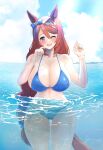 1girl alternate_costume animal_ears bikini blue_eyes blush bow braid breasts brown_hair hair_between_eyes highres horse_ears horse_girl horse_tail large_breasts long_hair looking_at_viewer multicolored_hair narumi_yuzurai navel one_eye_closed open_mouth solo streaked_hair super_creek_(umamusume) swimsuit tail teeth umamusume upper_teeth_only very_long_hair white_hair 