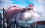  anthro belly big_breasts blue_sky breast_rest breasts brown_body brown_fur canid canine city cityscape cloud day featureless_breasts female fox fur hair hand_on_hip hi_res huge_breasts leg_markings lying macro macro_female mammal markings mountain on_side osaki_eru pink_hair sky thigh_markings white_belly white_breasts white_markings 