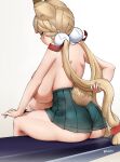  1girl alice_thymefield alternate_breast_size animal_ears arm_behind_back ass bench black_panties blonde_hair blush braid breasts commentary convenient_arm english_commentary feet_out_of_frame from_behind gradient_background green_skirt grey_background heart heart-shaped_pupils high-waist_skirt highres holding holding_own_hair huge_breasts long_hair looking_at_viewer looking_back low_twintails miniskirt mivioppai on_bench paid_reward_available panties panties_around_one_leg panty_pull pleated_skirt pulling_own_clothes rabbit_ears rabbit_girl rabbit_tail raised_eyebrows shoulder_blades sideways_glance sitting skirt solo sphere_hair_ornament sweat symbol-shaped_pupils tail thighs topless_female twintails twitter_username underwear very_long_hair white_background yellow_eyes zenless_zone_zero 