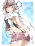  1girl ass black_one-piece_swimsuit blue_background checkered_background commentary_request cowboy_shot denim denim_skirt from_behind gakky garter_straps grey_eyes grey_hair headgear highleg highleg_one-piece_swimsuit highres kantai_collection long_hair one-hour_drawing_challenge one-piece_swimsuit red_skirt scarf single_garter_strap skirt solo super_highleg swimsuit two-tone_one-piece_swimsuit wahoo_(kancolle) white_scarf 