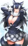  1girl animal_ears between_breasts black_hair black_jacket black_legwear blue_eyes breasts cleavage commentary_request cowboy_shot dated fur_collar gloves grey_wolf_(kemono_friends) happa_(cloverppd) heterochromia jacket kemono_friends large_breasts long_hair long_sleeves looking_at_viewer multicolored_hair necktie partially_unbuttoned pleated_skirt skirt solo tail thighhighs two-tone_hair white_gloves white_hair wolf_ears wolf_tail yellow_eyes 