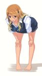  1girl bare_legs barefoot bent_over black_eyes blonde_hair blue_ribbon bow bowtie breasts brown_hair cleavage collarbone collared_shirt dark-skinned_female dark_skin ear_piercing gradient_hair gyaru hands_on_own_knees highres idolmaster idolmaster_shiny_colors ito_(itokayu) izumi_mei large_breasts long_hair looking_at_viewer loose_bowtie miniskirt multicolored_hair open_mouth piercing plaid_bow plaid_bowtie plaid_clothes pleated_skirt ribbon school_uniform shirt simple_background skirt sleeves_rolled_up solo sweater_vest toes white_background 