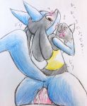  ambiguous_gender anal anal_penetration black_body black_fur blue_body blue_fur blush bodily_fluids butt drooling ears_up eiroru fur hi_res japanese_text looking_at_viewer looking_back lucario male male/ambiguous nintendo open_mouth pawpads penetration pink_pawpads pok&eacute;mon pok&eacute;mon_(species) rear_view red_eyes saliva snout tears text video_games yellow_body yellow_fur 
