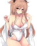  1girl absurdres anchor_ornament blush breasts brown_eyes brown_hair casual_one-piece_swimsuit choker cosplay cowboy_shot cross-laced_clothes cross-laced_one-piece_swimsuit cutout_above_navel earrings food-themed_earrings frilled_one-piece_swimsuit frills hair_flaps hair_ribbon heterochromia highres hirune_(konekonelkk) jewelry kantai_collection large_breasts lemon_earrings long_hair looking_at_viewer murasame_(kancolle) murasame_kai_ni_(kancolle) one-piece_swimsuit red_eyes ribbon sagiri_(kancolle) sagiri_(kancolle)_(cosplay) sagiri_(swimsuit)_(kancolle) shawl side-tie_swimsuit smile solo swimsuit two_side_up white_choker white_one-piece_swimsuit white_shawl 