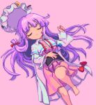  1girl barefoot bow closed_eyes closed_mouth commentary crescent crescent_hat_ornament dress dress_bow hair_bow hat hat_ornament long_hair lying mob_cap on_back patchouli_knowledge pink_dress pixel_art potemki11 purple_background purple_hair red_bow robe simple_background solo touhou unworn_headwear very_long_hair 