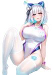  1girl absurdres animal_ear_headphones animal_ears bare_shoulders bashamichi_hagemi bell blue_eyes blue_hair blush body_markings breasts cat_ear_headphones cat_ears colored_inner_hair competition_swimsuit fake_animal_ears hair_ornament half-closed_eyes headphones heterochromia highleg highres indie_virtual_youtuber jingle_bell kutan large_breasts leg_tattoo looking_at_viewer mole mole_under_eye multicolored_hair no_shoes one-piece_swimsuit open_mouth red_eyes ribbon short_hair simple_background sitting smile solo swimsuit tattoo thighhighs thighs two-tone_hair variant_set virtual_youtuber wet white_background white_hair white_one-piece_swimsuit white_thighhighs wrist_ribbon yellow_eyes 