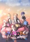  3girls arm_support armpit_crease asymmetrical_legwear black_boots black_jacket black_skirt black_thighhighs blue_eyes boots braid breasts car caricariume collarbone collared_shirt commentary_request double_bun dress_shirt full_body gradient_sky hair_bun hair_ornament hand_on_car highres hinoshita_kaho i_do_me!_(love_live!) jacket knee_up lace-up_boots leaning_against_vehicle leg_warmers legwear_garter link!_like!_love_live! long_hair love_live! medium_breasts medium_hair miniskirt mismatched_legwear motor_vehicle multiple_girls murano_sayaka official_alternate_costume on_car open_clothes open_jacket orange_hair orange_sky osawa_rurino parted_lips pleated_skirt profile purple_hair shirt short-sleeved_jacket short_sleeves side_braid single_braid single_leg_warmer single_sleeve sitting skirt sky thighhighs virtual_youtuber white_leg_warmers white_shirt x_hair_ornament 