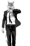 anthro belt belt_buckle biped black_belt black_bottomwear black_clothing black_necktie black_pants black_suit black_suit_jacket blood blood_on_clothing blood_on_face blood_on_hand blood_on_shirt bodily_fluids bottomwear buckle canid canine canis cheek_tuft claws clothed clothing digital_media_(artwork) facial_tuft fangs formal_clothing formal_wear fur grey_body grey_fur hi_res katana long_pants looking_at_viewer male mammal melee_weapon monochrome multicolored_body multicolored_fur necktie open_mouth pants scabbard sheathed_weapon shirt simple_background solo suit sword tail teeth tongue topwear tuft two_tone_body two_tone_fur waist_belt walking walking_towards_viewer weapon white_body white_clothing white_fur white_shirt white_topwear wolf wound_on_head wounded yellow_body yellow_eyes yellow_fur yoshi.kaoru