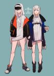  2girls azur_lane bare_legs baseball_cap belfast_(azur_lane) black_headwear black_jacket blue_coat blue_eyes boots casual coffee_cup collar cup disposable_cup dress earrings english_text enterprise_(azur_lane) full_body fur_trim gradient_clothes hair_over_one_eye hands_in_pockets hat highres holding_hands hood hood_up hoodie_dress jacket jewelry long_hair looking_at_viewer multiple_girls purple_eyes ribbed_sweater shoes silver_hair sleeves_past_wrists smile sneakers standing sweater sweater_dress u_nagidon very_long_hair white_headwear 