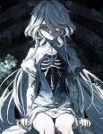  1girl blue_eyes dress drop-shaped_pupils exposed_bone eyelash_ornament focalors_(genshin_impact) genshin_impact half-closed_eyes heterochromia highres juliet_sleeves koumimi long_hair long_sleeves looking_at_viewer parted_lips puffy_sleeves ribs shaded_face sitting solo straight-on symbol-shaped_pupils wavy_hair white_dress white_hair 