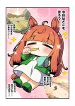  1girl ahoge animal_ears beach blunt_bangs blush brushing_teeth chibi chibi_only closed_eyes commentary_request dress forest full_body green_jacket green_slippers highres holding holding_toothbrush horse_ears horse_girl horse_tail jacket long_hair long_sleeves nature open_clothes open_jacket orange_hair outline pink_background plover silence_suzuka_(umamusume) slippers sparkle tail toothbrush translation_request umamusume white_dress white_outline 