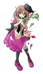  1girl alphes_(style) apron black_hat black_socks blush brown_hair capelet commentary_request dairi damaged defeat dress full_body hat holding kneehighs leaf long_hair mary_janes myouga_(plant) nishida_satono open_mouth parody puffy_short_sleeves puffy_sleeves purple_dress purple_eyes purple_shoes red_ribbon ribbon shoes short_sleeves sidelocks socks solo standing style_parody tachi-e tassel tate_eboshi tears torn_clothes torn_dress touhou transparent_background waist_apron white_apron white_capelet 